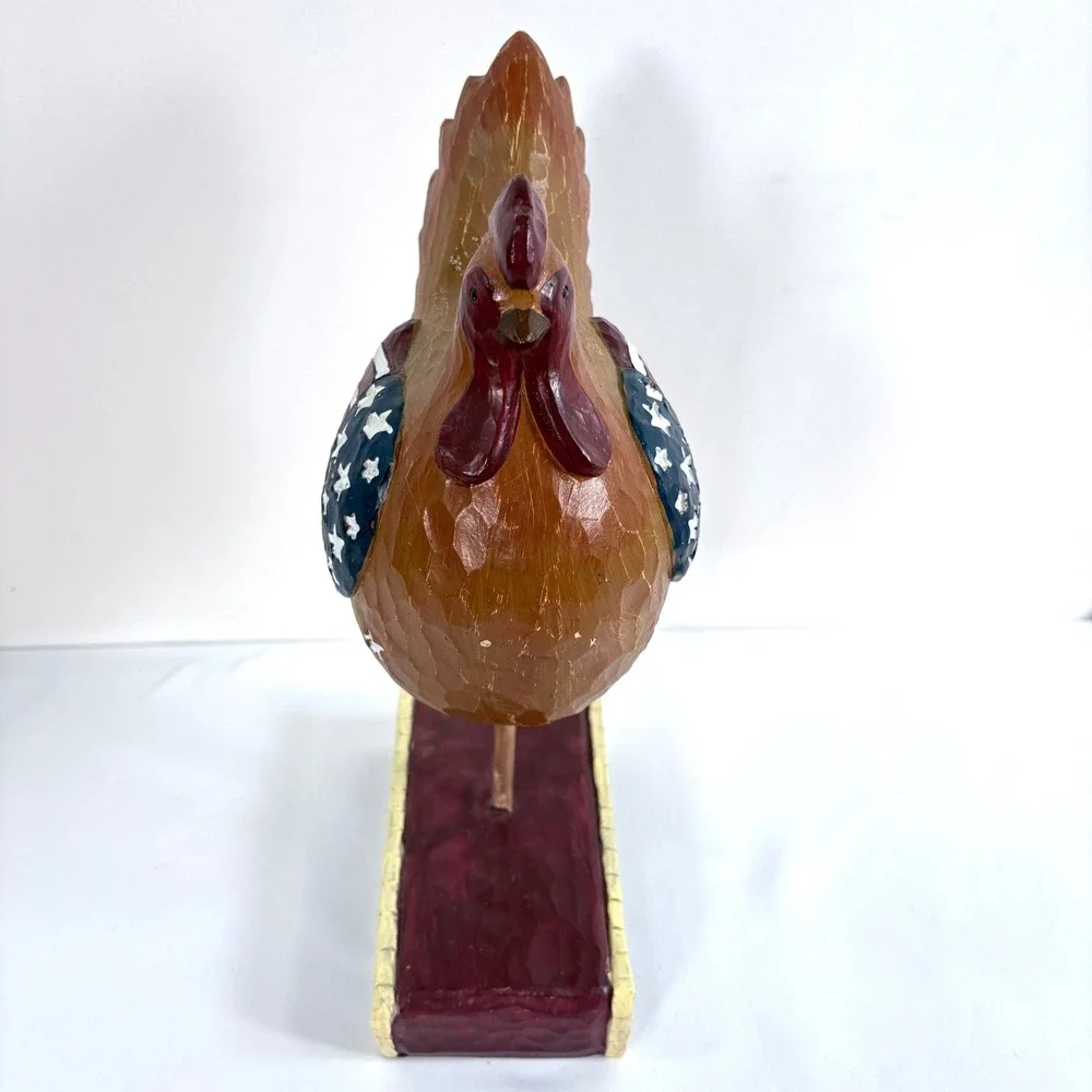 Carved Wood Rooster Figurine Brown Americana Old Glory‎ Patriotic Stars Stripes